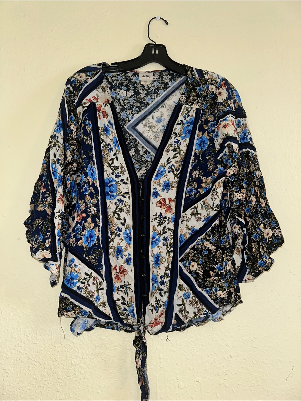 Floral Tie-Front Boho Blouse - Blue/White